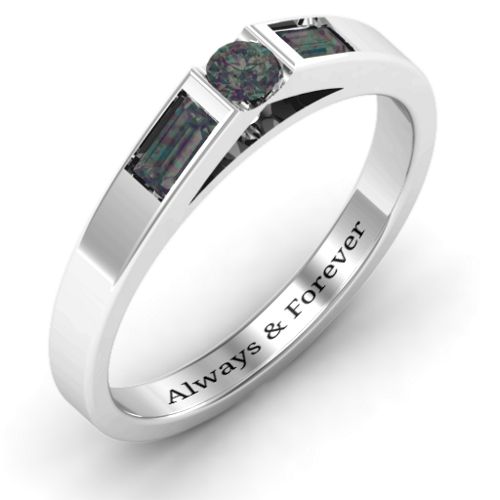 Solitaire Bridge Ring with Baguette Accents – Sterling Silver with Alexandrite