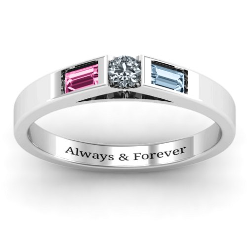 Solitaire Bridge Ring with Baguette Accents – Sterling Silver with Cubic Zirconia, Pink Tourmaline, and Aquamarine