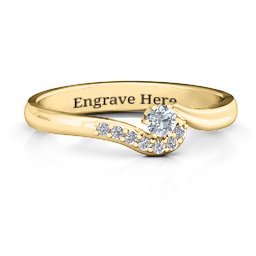 Solitaire Wave Ring with Stone Accents in 14K Solid Yellow Gold with Cubic Zirconia