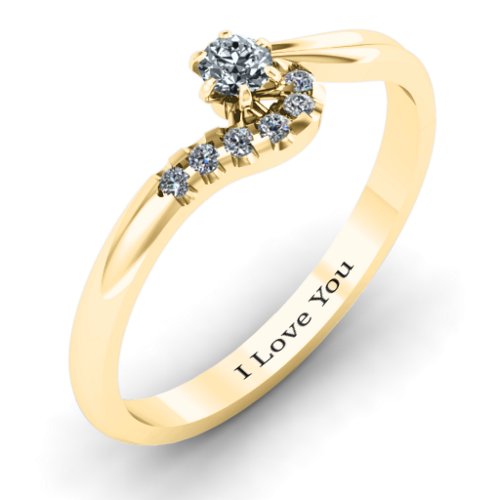 Solitaire Wave Ring with Stone Accents – 14K Yellow Gold with Cubic Zirconia