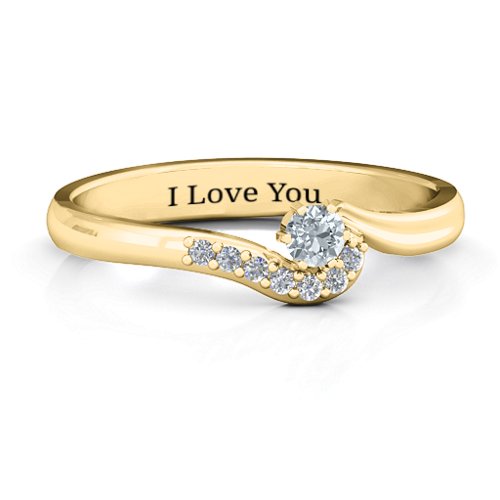 Solitaire Wave Ring with Stone Accents – 10K Yellow Gold with Cubic Zirconia