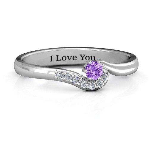 Solitaire Wave Ring with Stone Accents – Sterling Silver with Amethyst and Cubic Zirconia