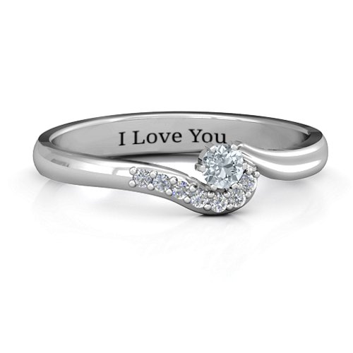 Solitaire Wave Ring with Stone Accents – Sterling Silver with Diamond and Cubic Zirconia