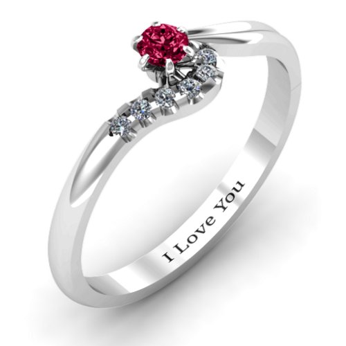 Solitaire Wave Ring with Stone Accents – Sterling Silver with Ruby and Cubic Zirconia