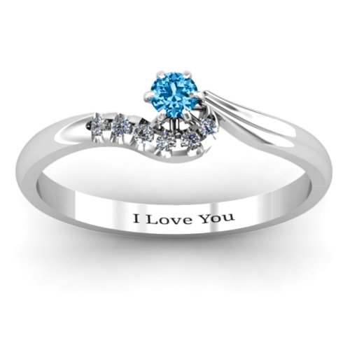 Solitaire Wave Ring with Stone Accents – Sterling Silver with Blue Topaz and Cubic Zirconia