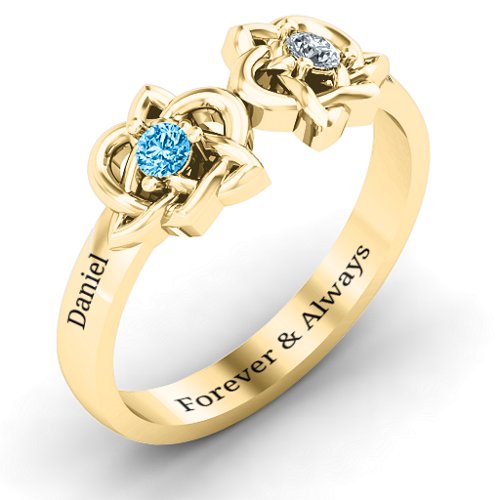 Double Celtic Gemstone Ring – 10K Yellow Gold with Blue Topaz and Cubic Zirconia