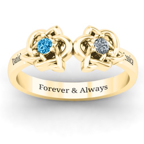 Double Celtic Gemstone Ring – 14K Yellow Gold with Blue Topaz and Cubic Zirconia