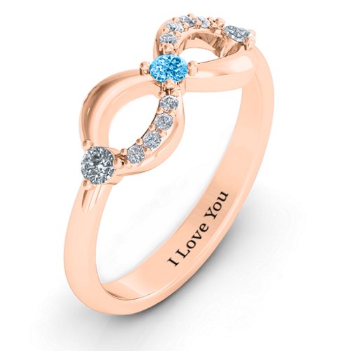 Three Stone Infinity Ring with Accents – 10K Rose Gold with Cubic Zirconia and Blue Topaz