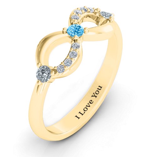 Three Stone Infinity Ring with Accents – 10K Yellow Gold with Cubic Zirconia and Blue Topaz