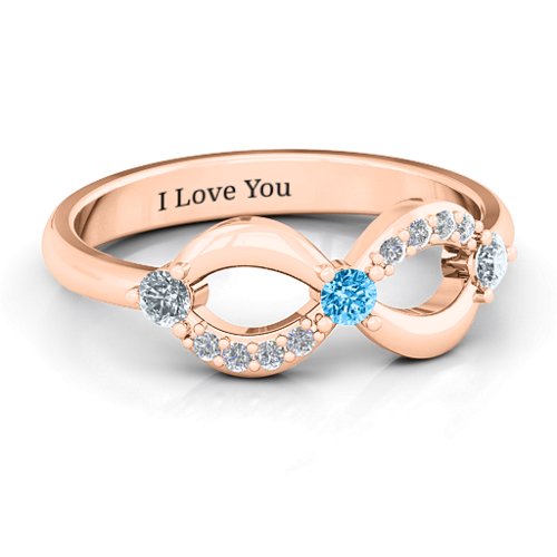 Three Stone Infinity Ring with Accents – 10K Rose Gold with Cubic Zirconia and Blue Topaz