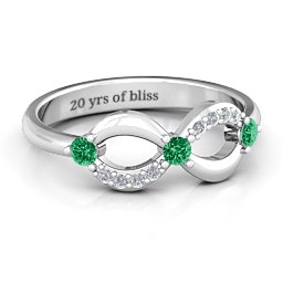 Three Stone Infinity Ring with Accents in 925 Sterling Silver with Emerald