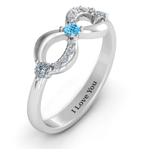 Three Stone Infinity Ring with Accents – Sterling Silver with Cubic Zirconia and Blue Topaz
