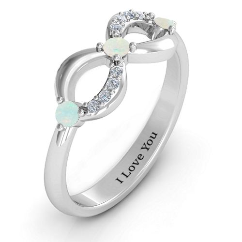 Three Stone Infinity Ring with Accents – Sterling Silver with Opal and Cubic Zirconia