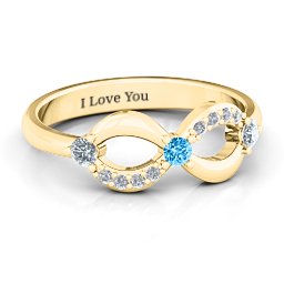Three Stone Infinity Ring with Accents in 10K Solid Yellow Gold with Cubic Zirconia and Blue Topaz