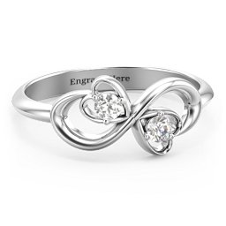 Pair of Hearts Infinity Ring with Gemstones in 925 Sterling Silver with Cubic Zirconia