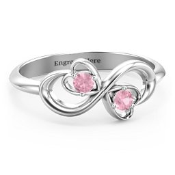 Pair of Hearts Infinity Ring with Gemstones in 925 Sterling Silver with Pink Tourmaline
