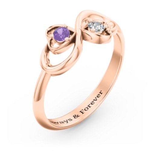 Pair of Hearts Infinity Ring with Gemstones – 10K Rose Gold with Amethyst and Cubic Zirconia