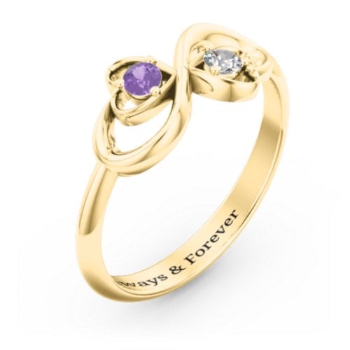 Pair of Hearts Infinity Ring with Gemstones – 10K Yellow Gold with Amethyst and Cubic Zirconia