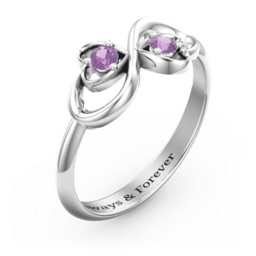 Pair of Hearts Infinity Ring with Gemstones – Sterling Silver with Amethyst