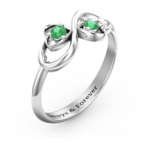 Pair of Hearts Infinity Ring with Gemstones – Sterling Silver with Emerald