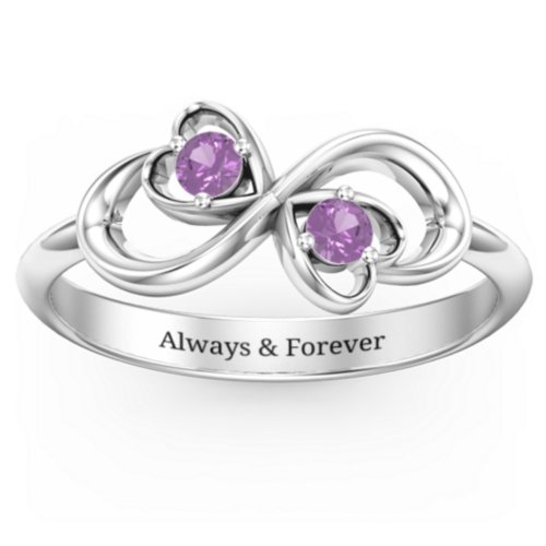 Pair of Hearts Infinity Ring with Gemstones – Sterling Silver with Amethyst