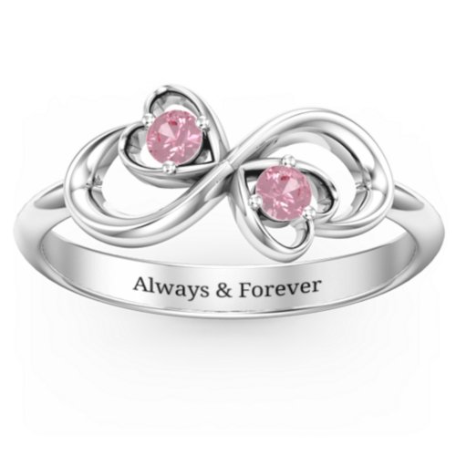 Pair of Hearts Infinity Ring with Gemstones – Sterling Silver with Pink Tourmaline