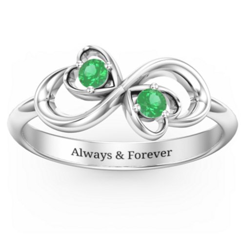 Pair of Hearts Infinity Ring with Gemstones – Sterling Silver with Emerald