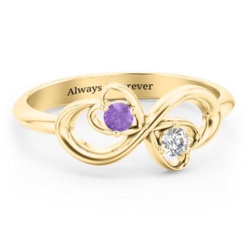Pair of Hearts Infinity Ring with Gemstones – 10K Yellow Gold with Amethyst and Cubic Zirconia