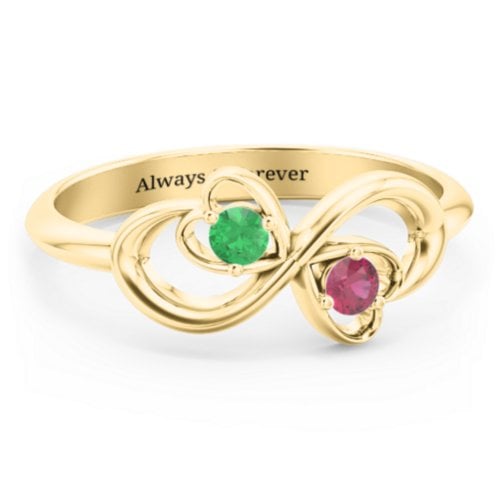 Pair of Hearts Infinity Ring with Gemstones – 10K Yellow Gold with Emerald and Ruby