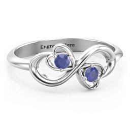 Pair of Hearts Infinity Ring with Gemstones in 925 Sterling Silver with Blue Sapphire