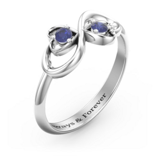 Pair of Hearts Infinity Ring with Gemstones – Sterling Silver with Blue Sapphire
