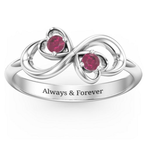 Pair of Hearts Infinity Ring with Gemstones – Sterling Silver with Ruby