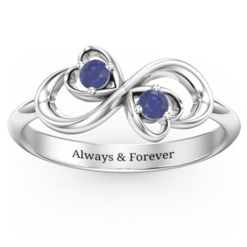 Pair of Hearts Infinity Ring with Gemstones – Sterling Silver with Blue Sapphire