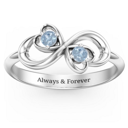 Pair of Hearts Infinity Ring with Gemstones – Sterling Silver with Blue Topaz
