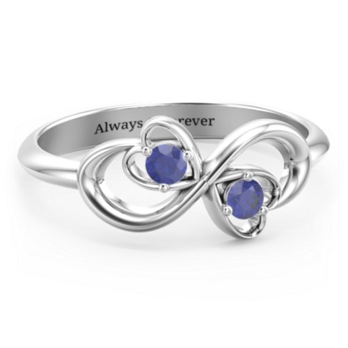 Pair of Hearts Infinity Ring with Gemstones – Sterling Silver with Blue Sapphire