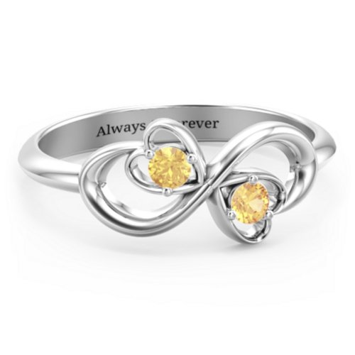 Pair of Hearts Infinity Ring with Gemstones – Sterling Silver with Citrine