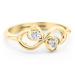 Pair of Hearts Infinity Ring with Gemstones in 10K Solid Yellow Gold with Diamond