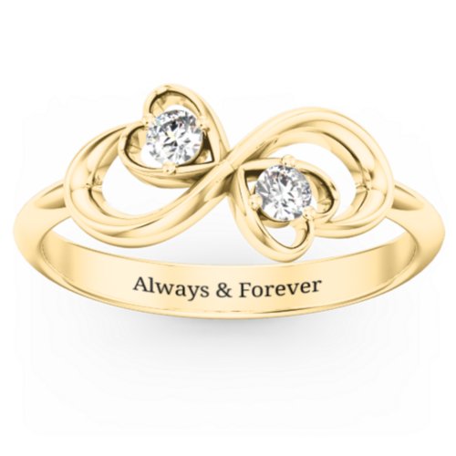 Pair of Hearts Infinity Ring with Gemstones – 10K Yellow Gold with Diamond