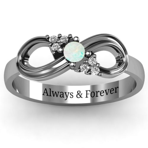 Solitaire Infinity Ring with Accents – Sterling Silver with Opal and White Premium Zirconia