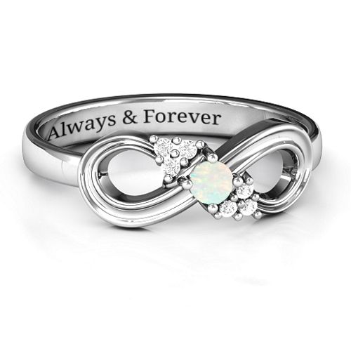 Solitaire Infinity Ring with Accents – Sterling Silver with Opal and White Premium Zirconia