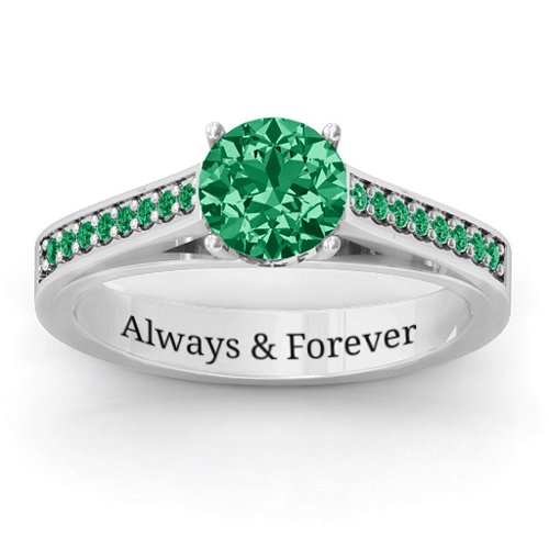Large Round Solitaire Ring with Shoulder Accents – Sterling Silver with Green Premium Zirconia