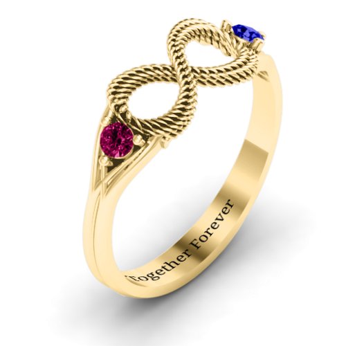 Braided Infinity Ring with Two Stones – 14K Yellow Gold with Ruby and Blue Sapphire