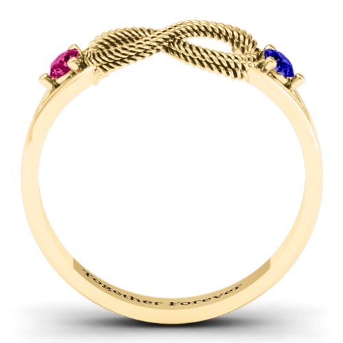 Braided Infinity Ring with Two Stones – 14K Yellow Gold with Ruby and Blue Sapphire