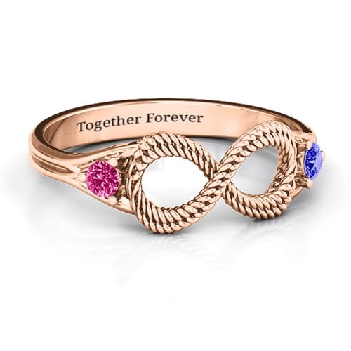Braided Infinity Ring with Two Stones – 10K Rose Gold with Ruby and Blue Sapphire