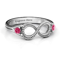 Braided Infinity Ring with Two Stones in 925 Sterling Silver with Ruby