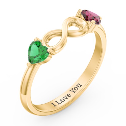 Two Hearts to Infinity Ring – 10K Yellow Gold with Emerald and Ruby