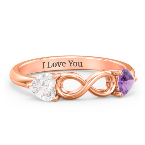 Two Hearts to Infinity Ring – 10K Rose Gold with Cubic Zirconia and Amethyst