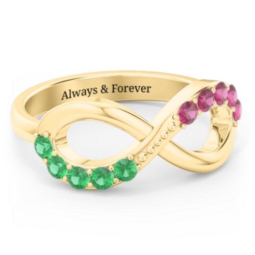 Birthstone Infinity Accent Ring – 10K Yellow Gold with Emerald and Ruby