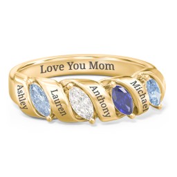 Spiral Marquise Row Ring in 10K Solid Yellow Gold with Aquamarine, Cubic Zirconia, Blue Sapphire, and Blue Topaz