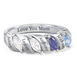 Spiral Marquise Row Ring in 925 Sterling Silver with Diamond, Blue Sapphire, and Blue Topaz